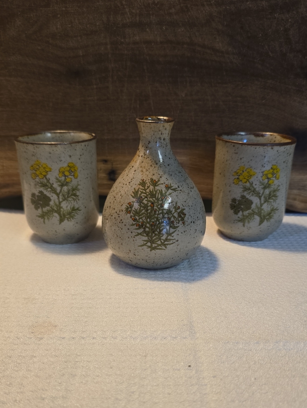 Takahashi Speckled Ceramic Bud Vase & Cup Set, Tiny Flower Herb Details